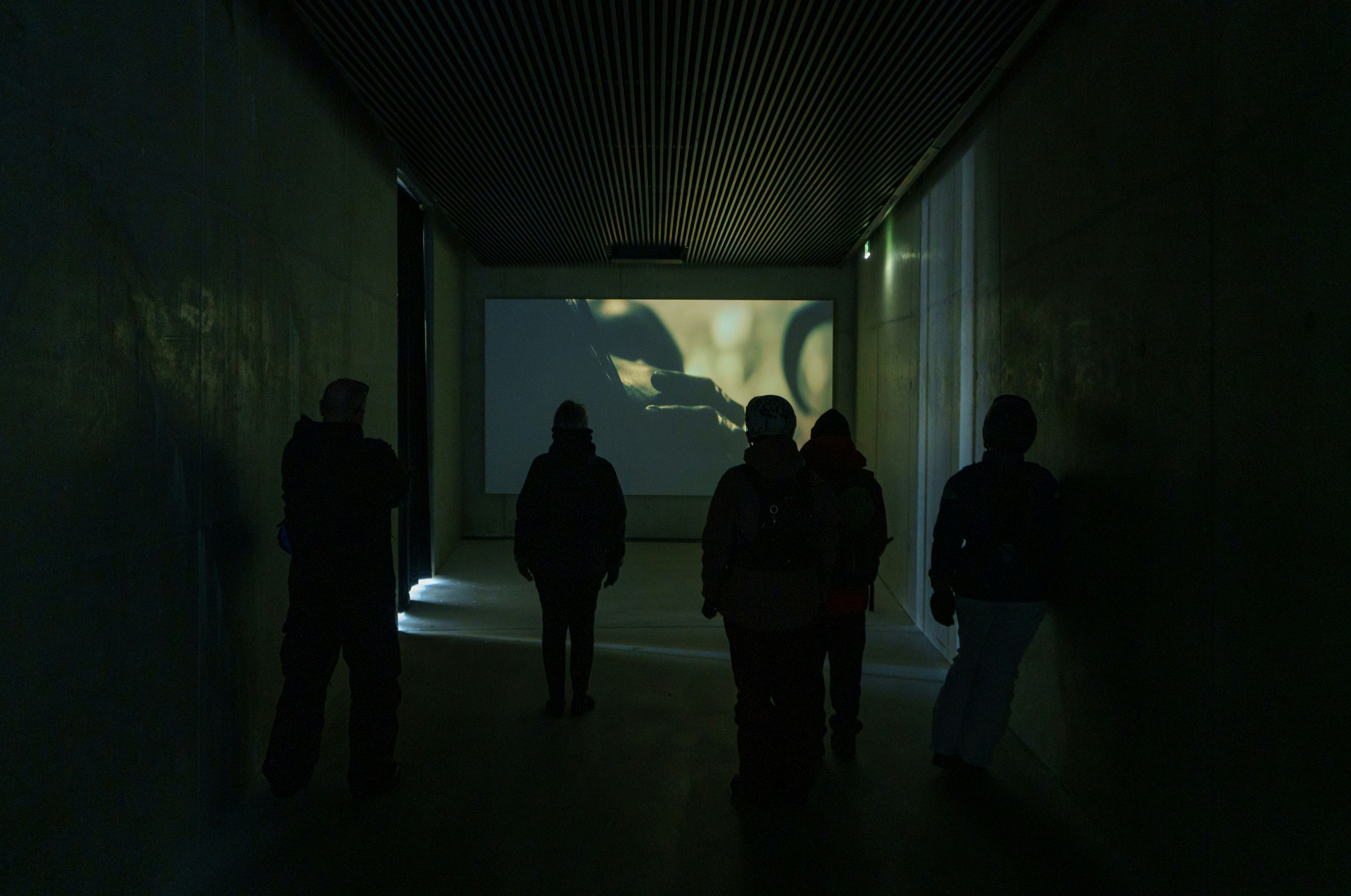 A small group of people standing in a dark room, watching a film screening on the far wall